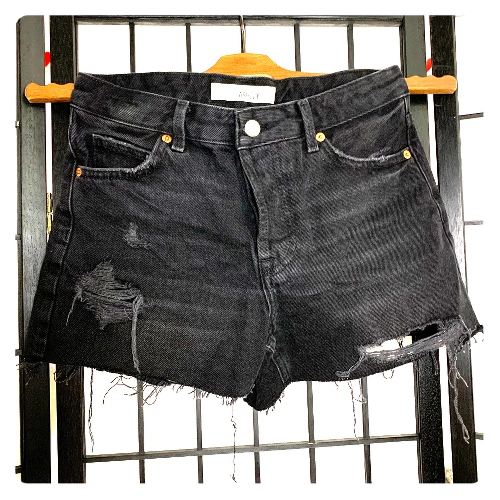 Topshop black buttonfly distressed jean shorts